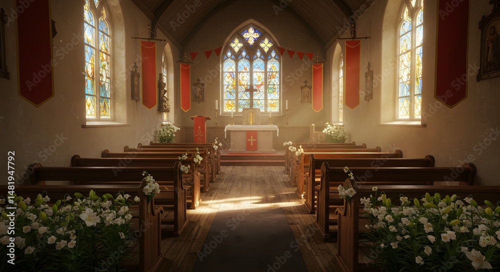 Fototapeta premium Serene Church Interior with Floral Accents and Sunlight
