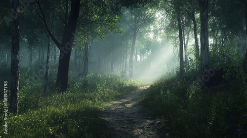 Serene forest path in soft morning light.