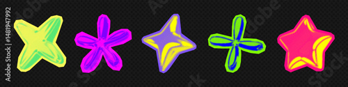 Y2k 3d punk neon colors light chrome halftone stars shape retro abstract vector illustration sticker set. Chrome silver 3d metallic halftone semitone retro effect bright neon color star collection.