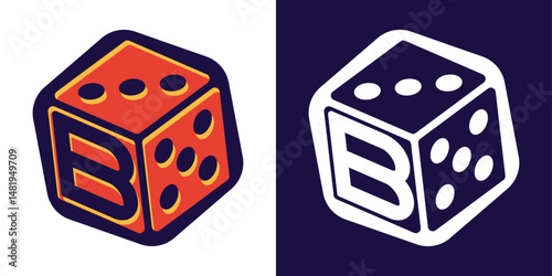 3D cartoon dice logo with B monogram. Playful and bold vector symbol for games or creative branding.