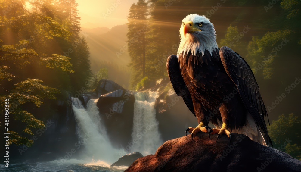 Fototapeta premium Large eagle stands tall on a tree trunk and large rocks, with a backdrop of amazing mountain background on the sunrise view