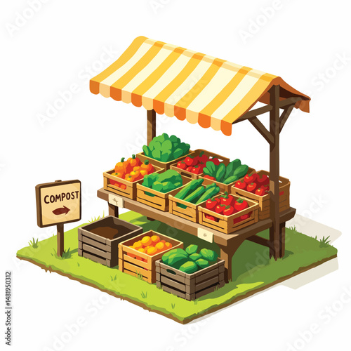 Vegetable market stall with fresh produce and compost sign