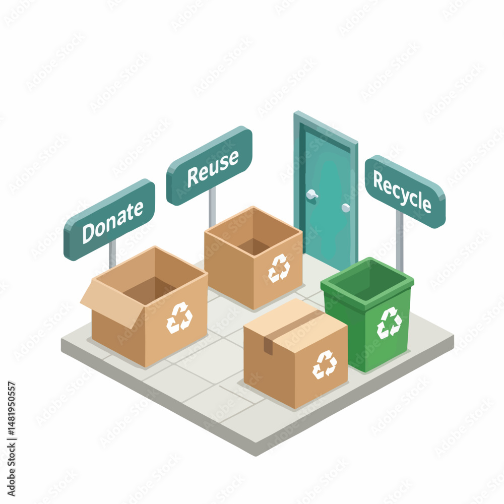 Obraz premium Isometric icon of eco-friendly consumption with donation and recycling bins 