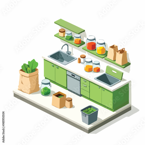 Isometric kitchen concept with eco-friendly storage and plants  
