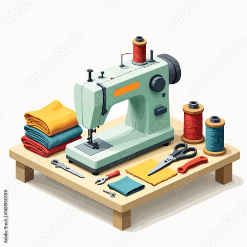 Sewing machine with colorful fabrics and tools on a wooden table  