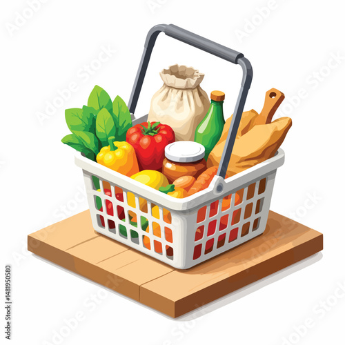 Grocery basket filled with fresh produce and essentials on wooden surface - Concept of isometric icon eco-friendly consumption  