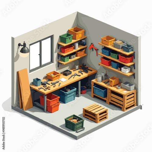 Isometric illustration of a workshop with tools and storage bins  