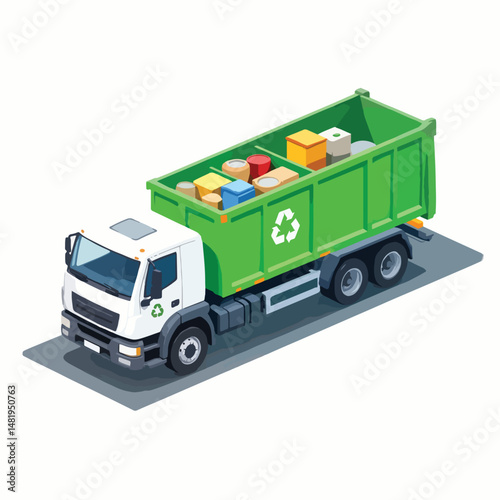 Isometric icon of a recycling garbage truck loaded with bins  