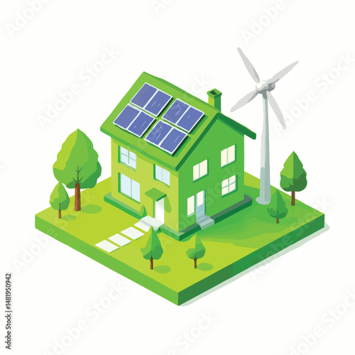Green house with solar panels and wind turbine in eco-friendly design  