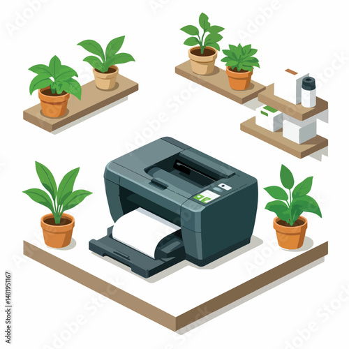 Printer surrounded by indoor plants in modern workspace 