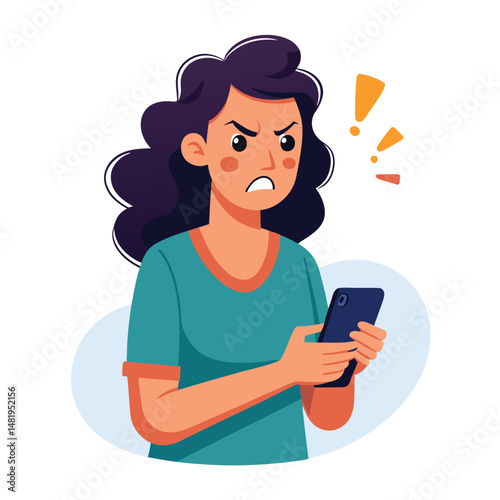 Angry woman online, texting hate comment on mobile phone. Aggressive person with smartphone, chatting in social media, internet conflict. Flat vector illustration isolated on white background 