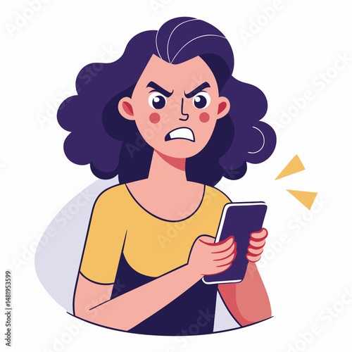 Angry woman online, texting hate comment on mobile phone. Aggressive person with smartphone, chatting in social media, internet conflict. Flat vector illustration isolated on white background 