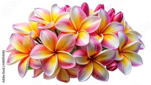 Beautiful arrangement of plumeria flowers in shades of pink, yellow and white