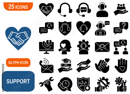 A vector illustration set of 25 icons representing customer support, help, and assistance. 