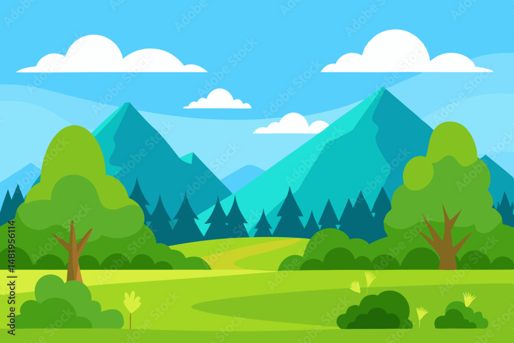 Fototapeta premium Nature landscape with grass trees and bushes in meadow at foot of high mountains vector illustration 
