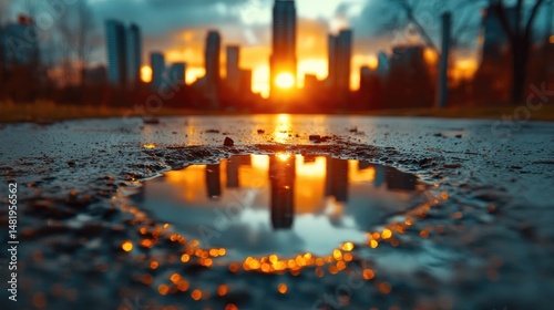 A flipped city reflected in the surface of a puddle, with dramatic cloud formations above