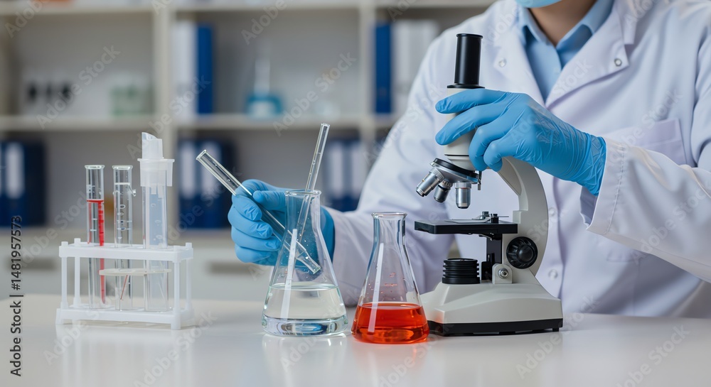 Scientist Working with Microscope and Lab Equipment in Laboratory
