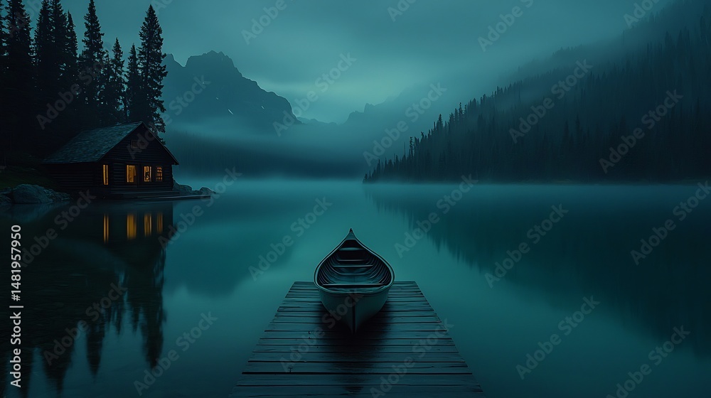 Fototapeta premium Tranquil cabin lake scene at dusk