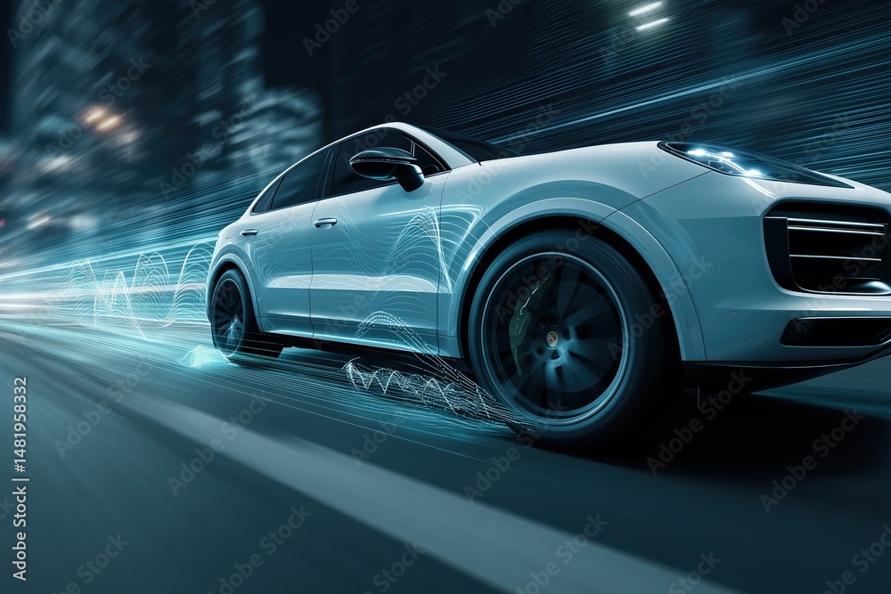Obraz premium Luxury SUV Driving Through City at Night with Motion Blur and Blue Digital Particles