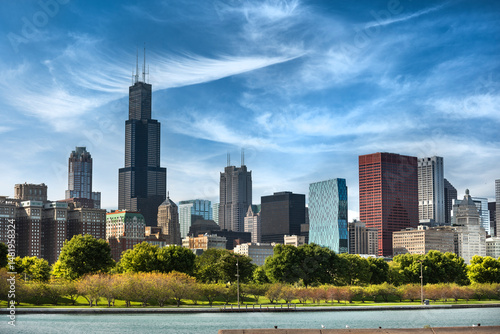 Chicago Illinois downtown city skyline across Lake Michigan USA photo