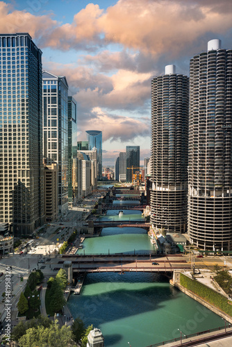 Chicago Illinois downtown skyline over the Chicago River USA