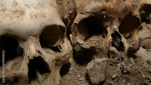 Two old human skulls resting in dirt and debris, perhaps from an archaeological dig site or ancient burial ground, pale remains.