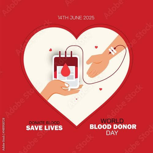World blood donor day poster. Human donates blood bag with hand
