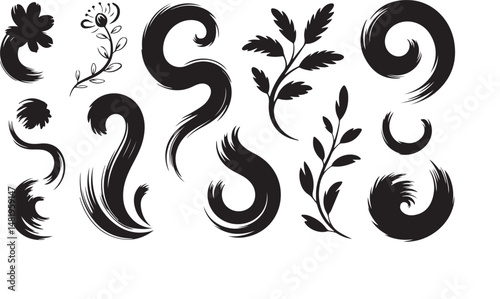 A collection of decorative brush strokes, flowers, and leaves in a simple, elegant style on white background