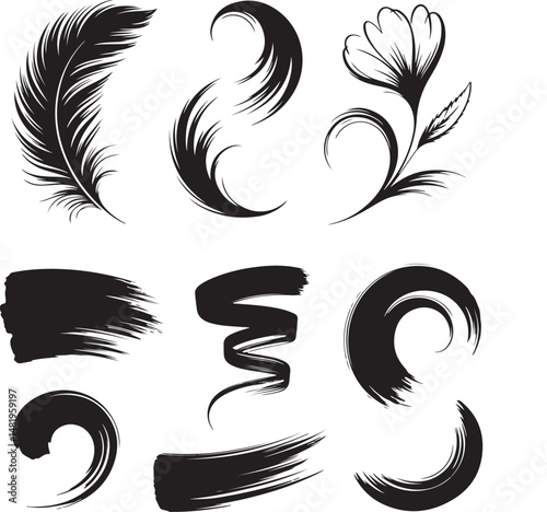 A collection of nine stylized vector elements, including feathers, floral swirls, and paint strokes on white