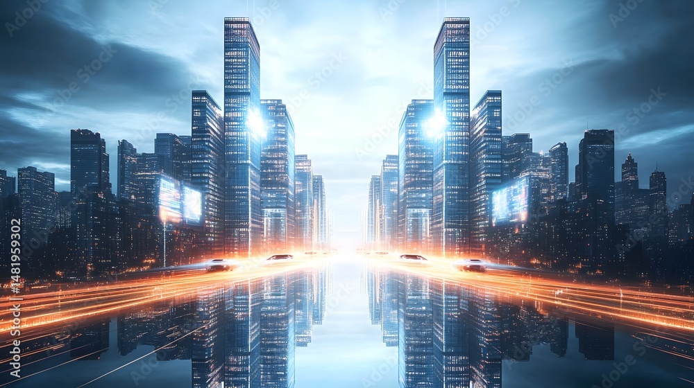 Fototapeta premium Symmetrical city with futuristic skyscrapers flying cars and glowing holograms separated by a glowing light veil in a sci-fi world