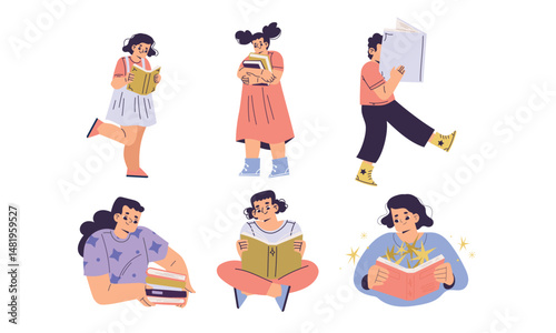 A wonderful scene showcasing diverse characters fully engaged in various reading activities