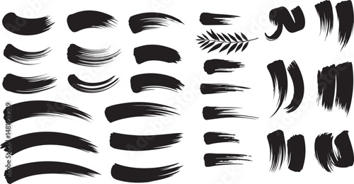 A comprehensive set of various black paint brush strokes on a white background.