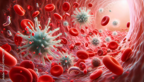 A highly detailed medical illustration showing harmful pathogens attacking red and white blood cells.