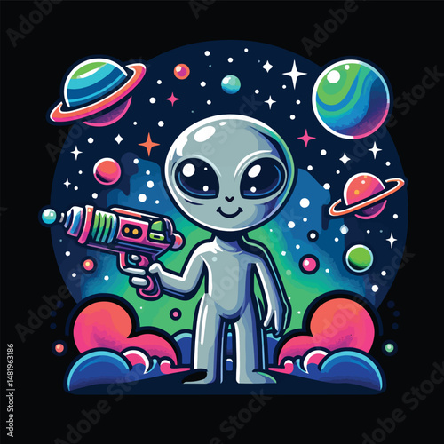 Adorable Alien Vector T-Shirt Design Cute Space Creature with Ray Gun
