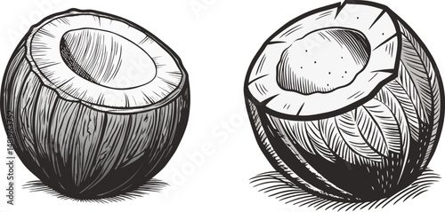 Halves of a coconut sketched in black and white vector illustration