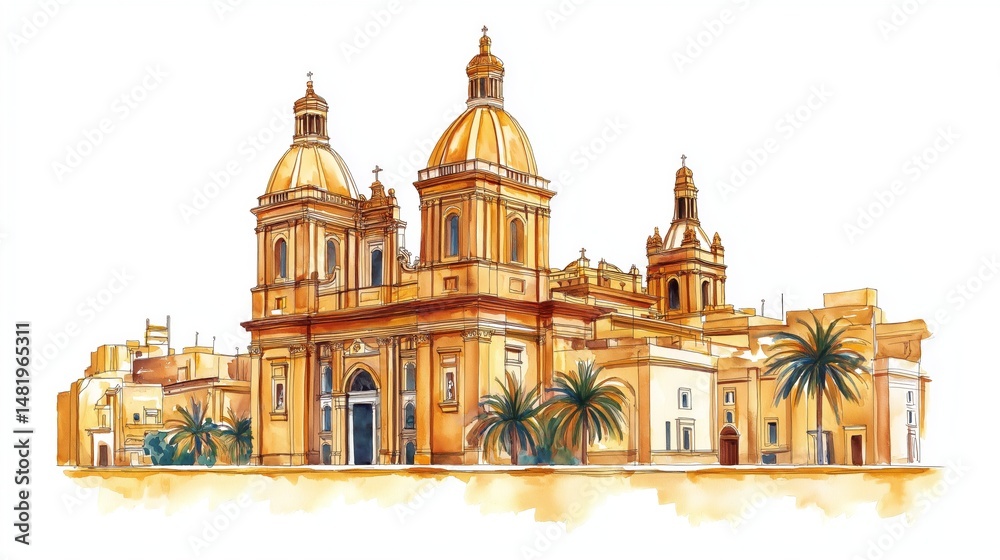 Obraz premium St. Johns Co-Cathedral. St. Johns Co-Cathedral hand drawn watercolor illustration