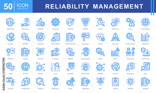 Reliability Management icon set featuring icons for system assessment, error handling, maintenance, root cause analysis, and risk evaluation. Perfect for quality control, operations, and engineering.