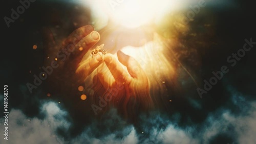 the boy holds a bee in his hand and magic light and mist effect.
