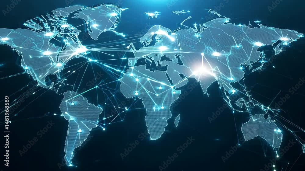 Digital web earth map with blue technology global network communication concept