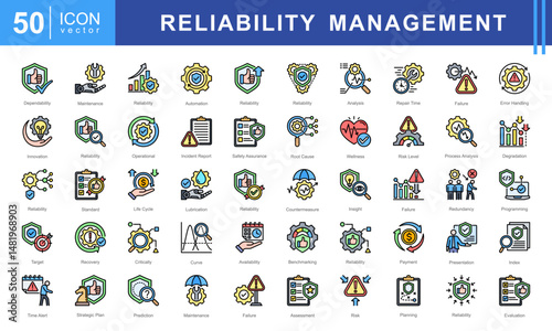 Reliability Management icon set featuring icons for system assessment, error handling, maintenance, root cause analysis, and risk evaluation. Perfect for quality control, operations, and engineering.