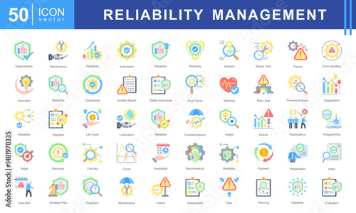 Reliability Management icon set featuring icons for system assessment, error handling, maintenance, root cause analysis, and risk evaluation. Perfect for quality control, operations, and engineering.