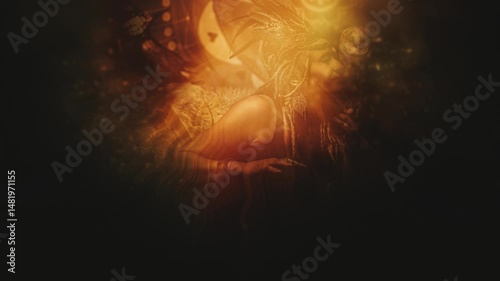 beautiful shamanic woman with owl in the interiors.