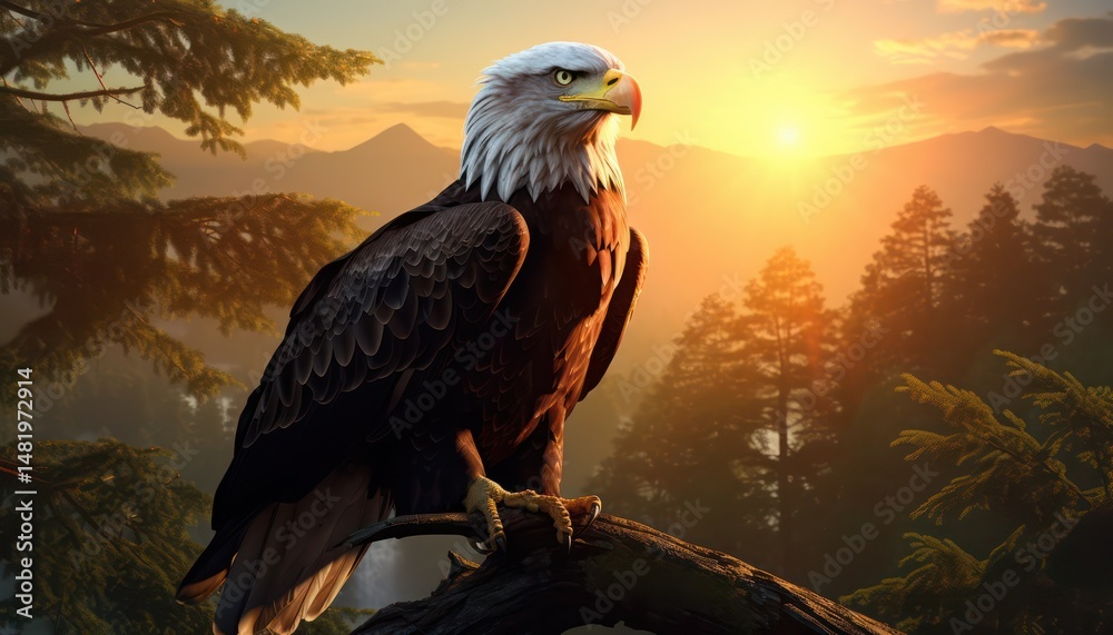 Fototapeta premium Large eagle stands tall on a tree trunk and large rocks, with a backdrop of amazing mountain background on the sunrise view