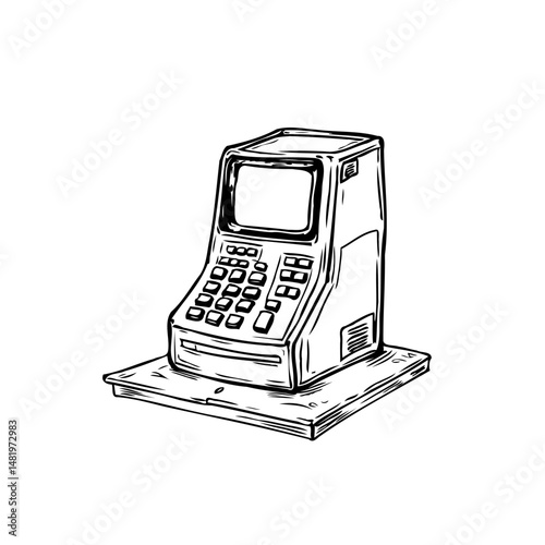 Vintage Cash Register Illustration: Retro Retail Technology in Monochrome Drawing
