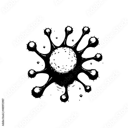 Abstract representation of a microorganism with spikes, isolated monochrome drawing