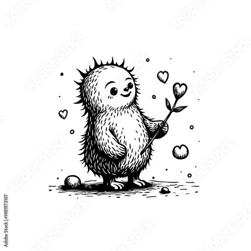 Whimsical woodland creature with heart-shaped flower offering love in a monochrome drawing