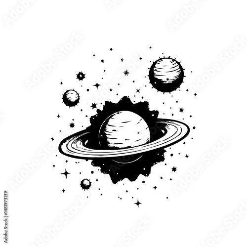 Whimsical celestial sketch featuring stylized planets and starry expanse