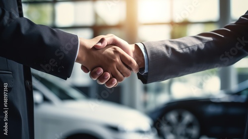 Two men shaking hands in a car showroom