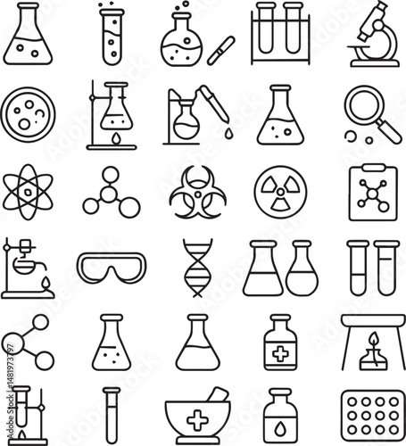 Set of 30 outline icons related to laboratory. Linear icon collection. Editable stroke. Vector illustration 