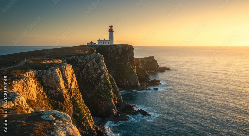 Coastal lighthouse perched dramatically on rugged cliffs during a vibrant sunset Coastal lighthouse perched dramatically on rugged cliffs during a vibrant sunset